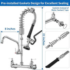 Commercial Wall Mount Kitchen Sink Faucet with Sprayer - 21" Height 8 inch Center, Add-on 8" Swing Spout Pre-Rinse Sprayer for 1 or 2 Compartment Sink