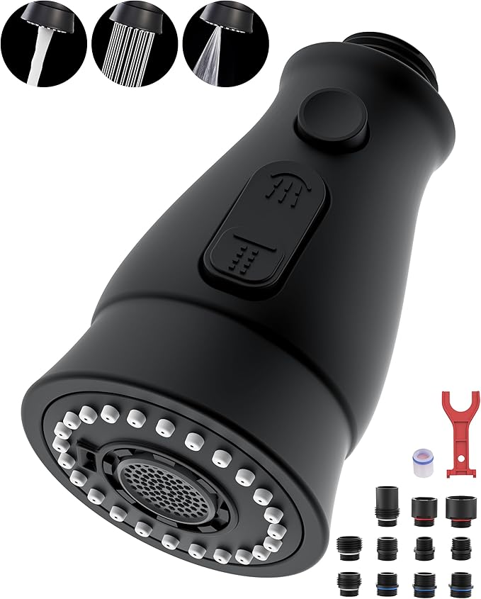 Pull Down Spray Head Replacement for Kitchen Faucet, 3 Modes Kitchen Sink Faucet Sprayer Head Nozzle Spout with 11 Adapters, Matte Black