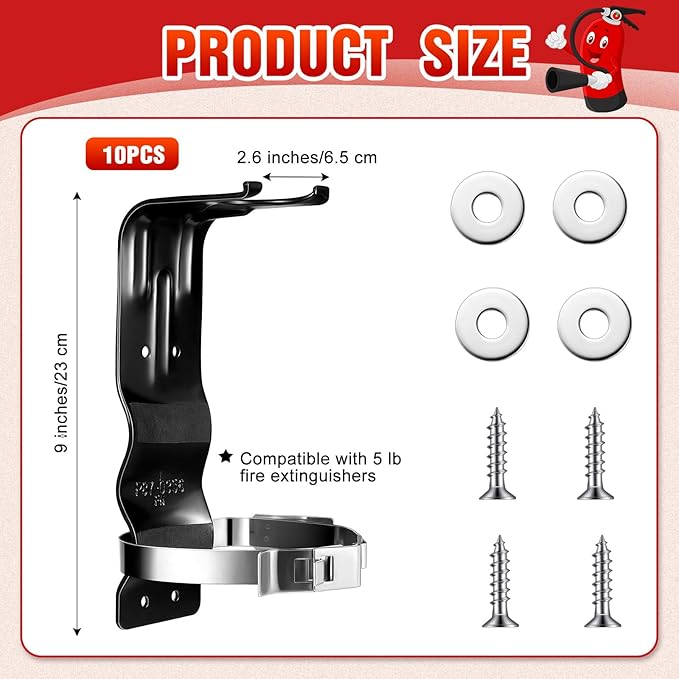 Therwen 10 Pack Fire Extinguisher Bracket 5 lb Wall Mount Stainless Steel Fire Extinguisher Holder for Home Truck Vehicle, Black