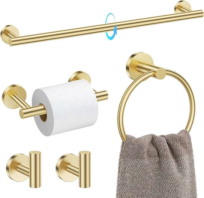 TQKAG Brushed Gold 5 Piece Bathroom Hardware Accessories Set 23.6" SUS304 Stainless Steel Bathroom Towel Bar Holder Sets Double Post Pivoting Toilet Paper Holder Set Wall Mounted