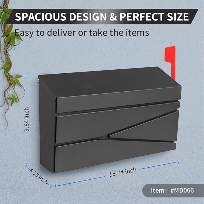 Wall Mount Mailbox, Large Capacity Mailbox for House, with Flag Kit, Galvanized Steel Rust-Proof Metal Post Drop Box, Mailboxes for Outside, 15.74"×9.84"×4.33", Black Modern Sleek Style