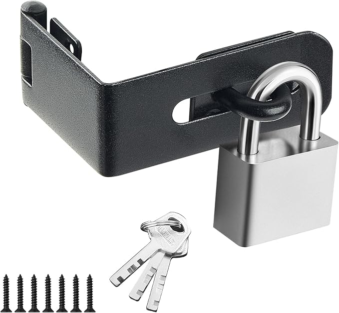 Door Lock Hasp Latch, 90 Degree Solid Iron Safety Packlock Drawer Hasp Lock Latch, Extra Thick Gate Lock Hasp with Keys Brushed Finish (2.24 Inch, Black)