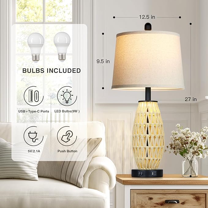 27“ Beige Boho Rattan Table Lamps with Night Light, Natural Bedroom Lamps Set of 2 with USB A+C Charging Ports, Rustic Farmhouse Woven Wicker Bedside Nightstand Lamp for Living Room End Tab
