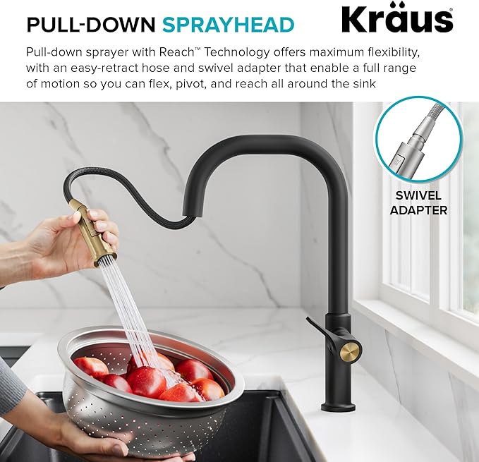 KRAUS Torak Pull Down Kitchen Faucet in Spot-Free Brushed Brass/Matte Black with 2 Function Sprayer, Pre-Attached Water Lines, and Mounting Hardware, KPF-2841SFBBMB