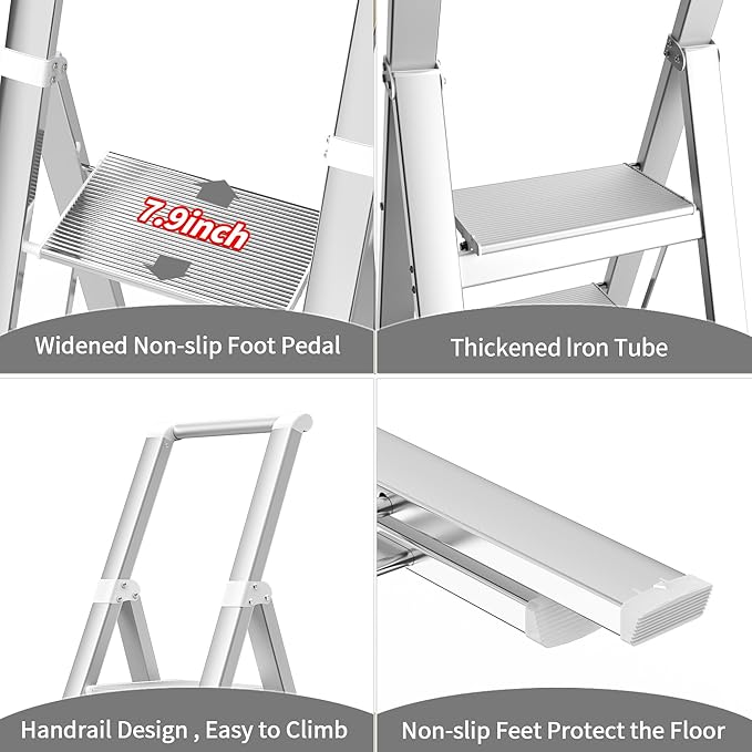 5 Step Ladder, Folding Step Stool, White Foldable Iron Ladder for 10 Foot High Ceiling with Anti-Slip Wide Sturdy Pedal and Handgrip, Multi-Use for Home (300 lbs Capacity)