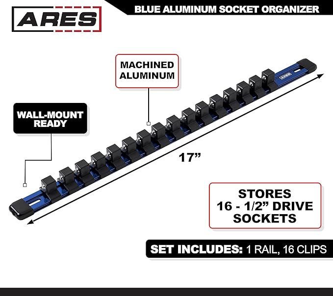ARES 60044-1/2-Inch Drive Blue Aluminum Socket Organizer - Store up to 16 Sockets and Keep Your Tool Box Organized - Sockets Will Not Fall Off this Rail