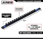 ARES 60044-1/2-Inch Drive Blue Aluminum Socket Organizer - Store up to 16 Sockets and Keep Your Tool Box Organized - Sockets Will Not Fall Off this Rail