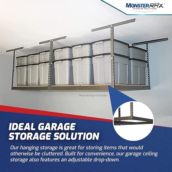 MonsterRax 4x8 Overhead Storage Rack Frame Kit - Hanging Storage Shelves, Ceiling Storage Rack System, Overhead Garage Organizers - (White, 12"-21")