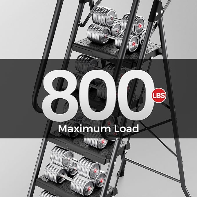 KINGRACK 5 Step Ladder, Folding Step Stool for Adult with Tool Platform, Handrails, Wide Anti-Slip Pedals, Pass 800lbs Load Testing， Portable Safety Step Stool for Home, Kitchen, Black