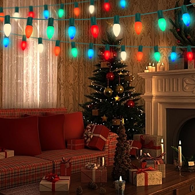 25 Pack C9 Multicolored Replacement Bulbs, 7 Watts Night Light Bulbs, C9 Colored Ceramic Incandescent Bulbs for Vintage Christmas Lights Outdoor Indoor Home Party Decorations, E17 Candelabra Base