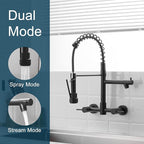 AIMADI Black Wall Mount Kitchen Faucet with Pull Down Sprayer Pot Filler | Matte Black Commercial Style Dual Handle Sink Faucet Spring Design for Kitchen