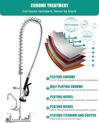 Commercial Kitchen Faucet Heavy Duty Wall Mount Sink Faucet, 8 Inch Center 47 Inch Commercial Kitchen Faucet with Pre-Rinse Sprayer and 14 Inch Add-On Spout for 1,2,3 Compartment Sinks