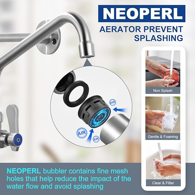 Commercial Kitchen Faucet Wall Mount with Pre-Rinse Sprayer 8 Inch Center Wall Mount Kitchen Sink Faucet with 9.6" Add-on Swing Spout 25" Height Faucet with Pull Down Spray