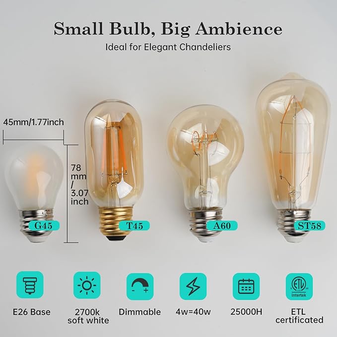 Vintage LED Edison Short Small Light Bulb 40W Dimmable E26 Globe 2700K Soft white Frosted 40 Watt Warm Standard Medium Base G45 Bulbs Ideal for Ceiling Fan,Vanity Light,Table Lamp Create Cozy Ambiance