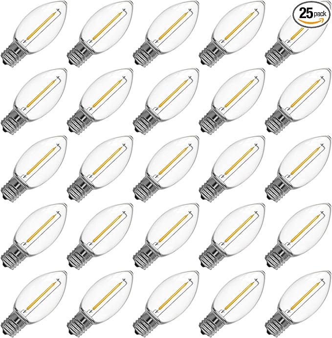 Meconard C9 Led Replacement Christmas Light Bulb, 25 Pack C9 Shatterproof Led Bulbs for Christmas Outdoor String Lights, E17 Intermediate Base, Commercial Grade Holiday Bulbs, Warm White