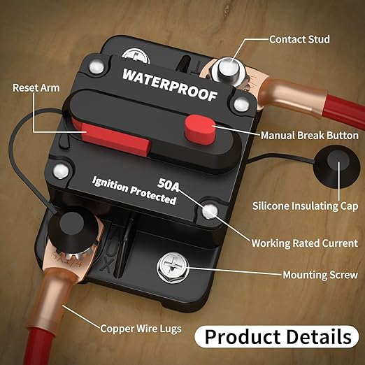 DaierTek 50 Amp Circuit Breaker, Waterproof Marine Circuit Breaker 12V 24V 48V Resettable Inline Fuse Switch, 12 Volt 50A Breaker for Boat Trolling Motor Car Automotive -2Pack