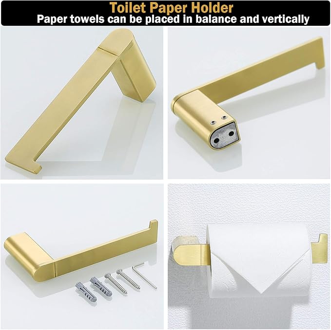RANDOM Brushed Gold Bathroom Hardware Set Bathroom Towel Holder Set 4 Piece Include 18” Gold Towel Bar Toilet Paper Holder and 2 Towel Hooks Wall Mount Stainless Steel Brushed Gold Towel Bar Set