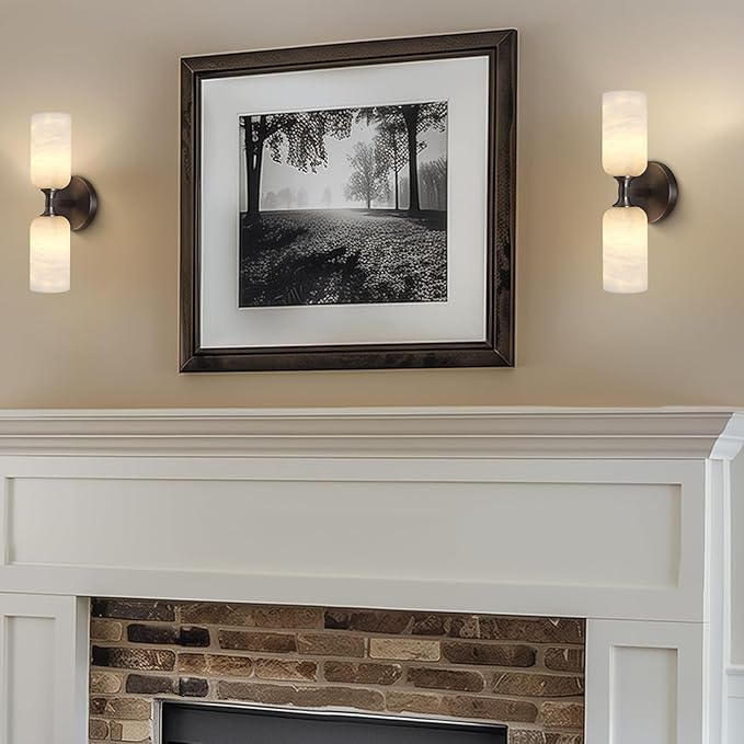 14in Modern Spanish Natural Marble Bathroom Vanity Sconces, Alabaster Wall Sconces Set of Two, Black Alabaster Sconce Wall Lighting, Black Wall Light Fixtures Decor