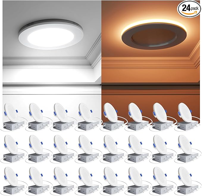 Ensenior 24 Pack 4 Inch LED Recessed Ceiling Light with Night Light, Dimmable, 2700K-5000K 5CCT, 1050LM 12W 120V, High Brightness Canless Wafer Downlight - FCC