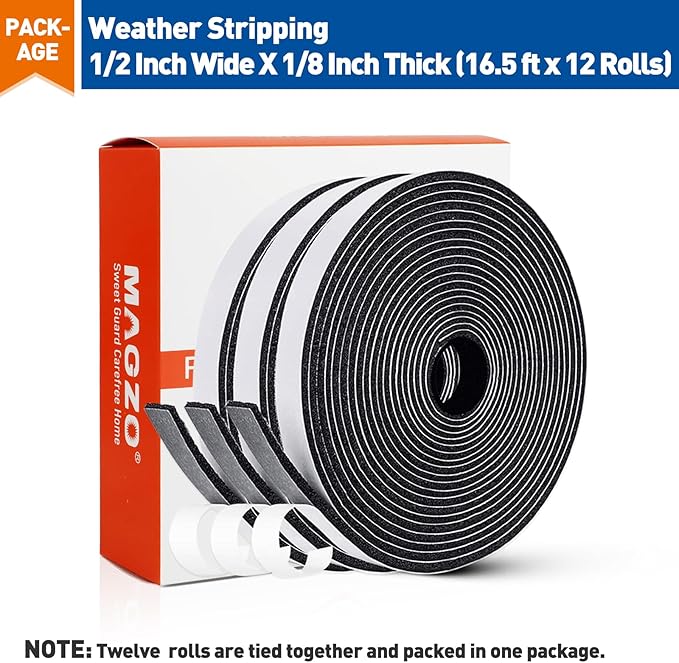 MAGZO Door Weather Stripping, 1/2 Inch W X 1/8 Inch T X 198 Ft Total Weatherstripping Foam Tape Soudproof for Windows 16.5 ft X 12 Rolls, Black