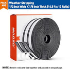 MAGZO Door Weather Stripping, 1/2 Inch W X 1/8 Inch T X 198 Ft Total Weatherstripping Foam Tape Soudproof for Windows 16.5 ft X 12 Rolls, Black