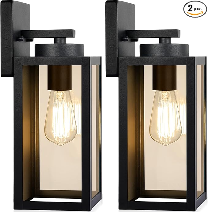 Outdoor Wall Light Fixtures, Exterior Waterproof Wall Lanterns, Porch Sconces Lighting with E26 Sockets & Glass Shades, Modern Matte Black Outside Lights for Patio Front Door Entryway Garage, 2-Pack