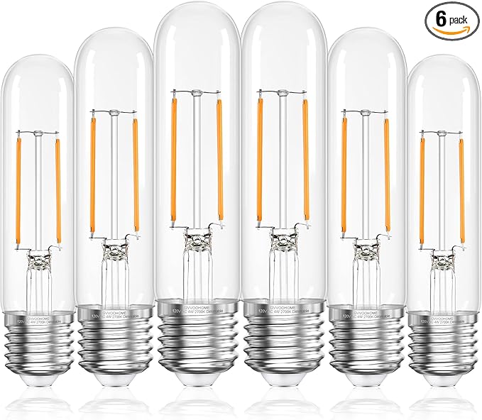 Tubular LED Edison Bulb Dimmable 2700K Warm White, 4W, 40 watt Equivalent, E26 LED Light Bulbs, T10 Edison Bulbs for Chandeliers, Ceiling Fan, 90+CRI 400LM, 6 Pack