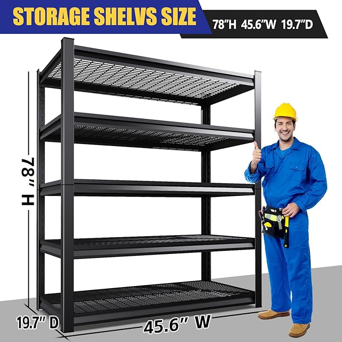 Garage Shelving-3000 lbs 5 Tier Storage Shelves,Adjustable Heavy Duty Metal Shelving Unit and Storage Large Wire Rack,Utility Steel Shelf for Warehouse Industrial Pantry Basement -78"x46"x20",Black