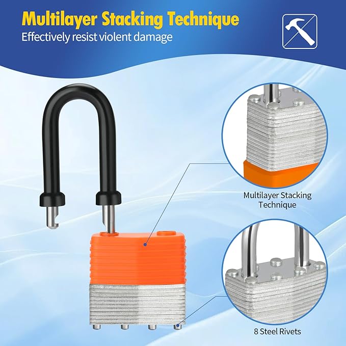 HOX 4-Pack Weather Resistant Padlocks – 40mm Laminated Steel, Chrome Plated with 2-inch Shackle, Vinyl Wrapped, Hardened Steel for Extra Security