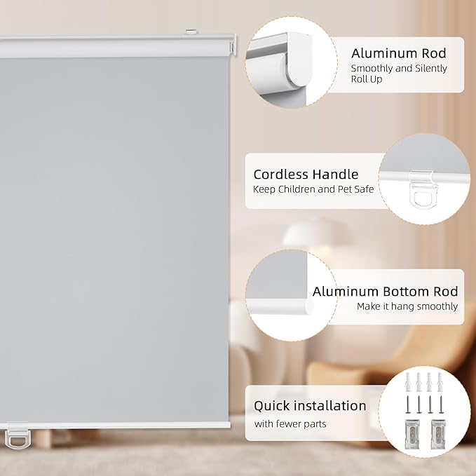 ChrisDowa Cordless Blackout Roller Shades for Windows, Thermal Insulated UV Protection Pull Down Shades, Total Blackout Window Blinds for Home, Office, Bedroom, Door (30" W x 72" H, Grey)