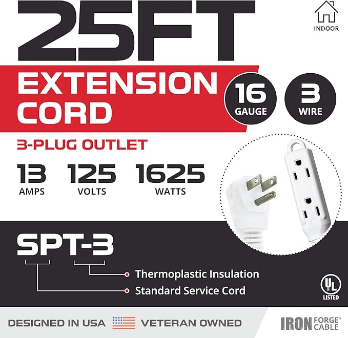 Iron Forge Cable 25 ft Flat Plug White Extension Cord with 3 Outlets - 16/3 SJTW 3 Prong Indoor Extension Cord with Multiple Outlets
