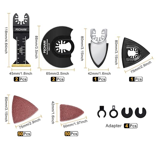 PECHAM 128PCS Oscillating Tool Blade, Wood Metal Cutting and Sandpaper Oscillating Tool Accessories with Titanium Quick Tooth Japanese Tooth Multitool Blade Fit More Oscillating Tools