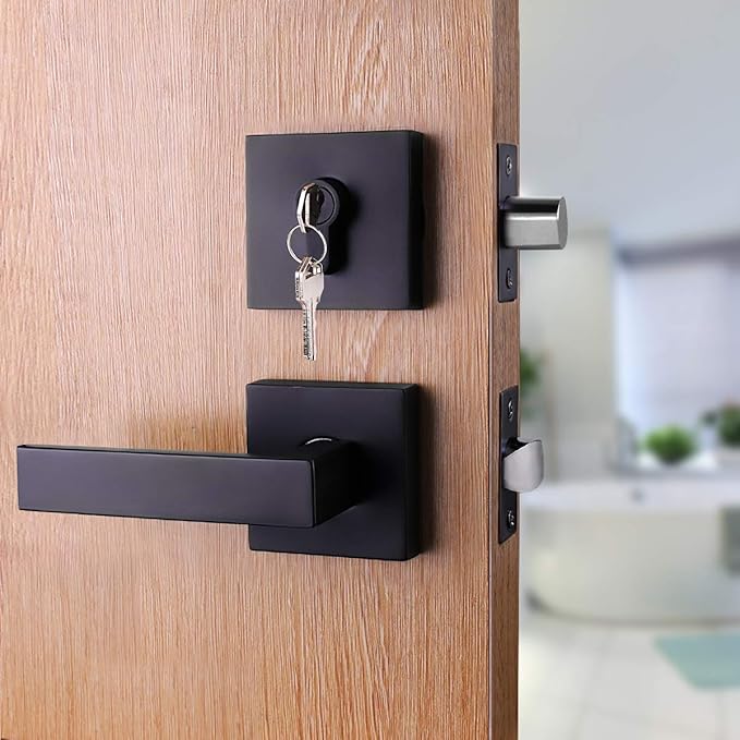 4 Pack Keyed Entry Door Lock with Deadbolt Set, Reversible Passage Lever and Keyed Alike Double Cylinder Deadbolt, Matte Black Square Handleset for Bedroom, Front Door