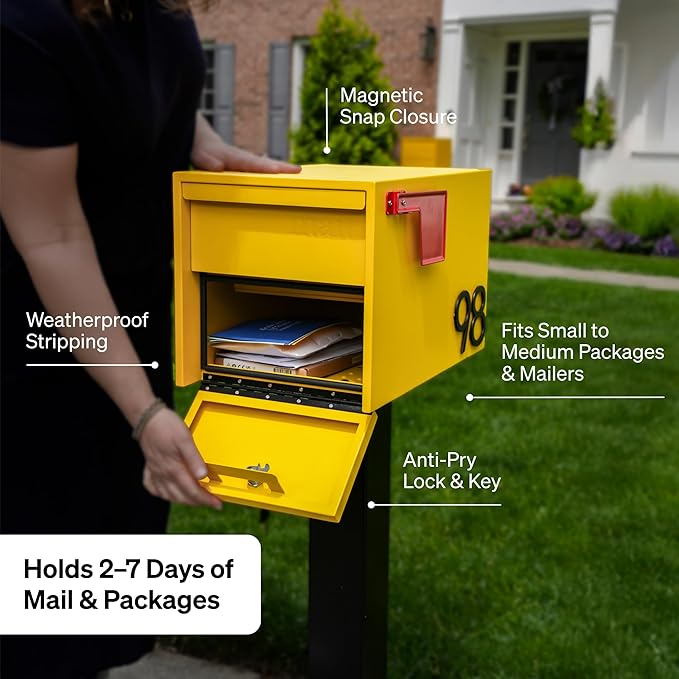 Adoorn Lockable Post Mount Mailbox | Small (Malbec), Size 12 x 12 x 18.5 (HxWxD) Anti-Theft Locking Mailbox with 2 Keys, Modern Mailbox with Flag, Weatherproof Mailboxes for Outside