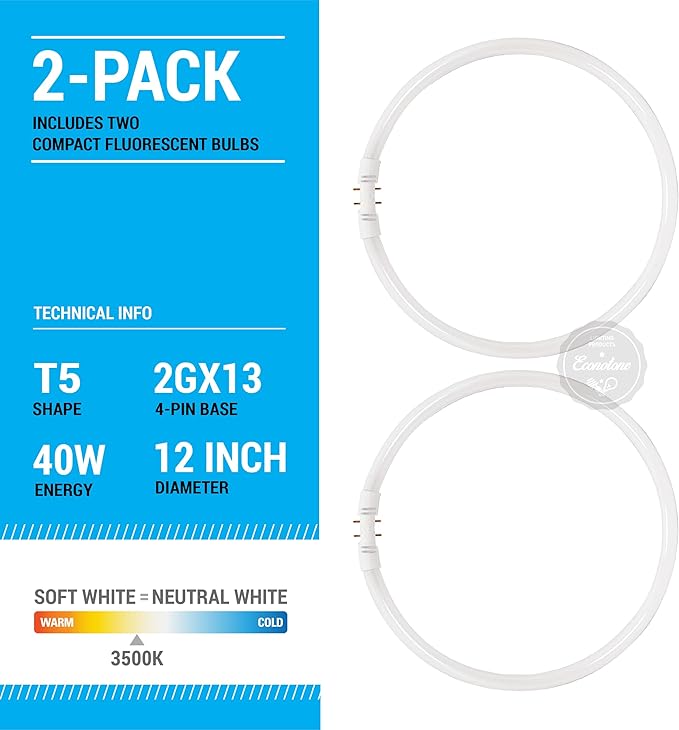 KOR (Pack of 2) FC40T5/-12 T5 Flurescent Circline - 40 Watt - 2GX13 Base - (FC12T5) (3500K - (Neutral White))