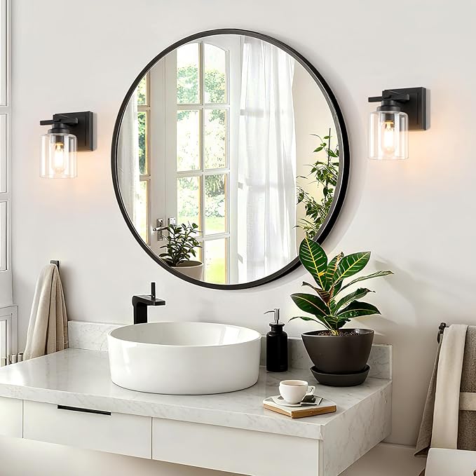 1 Light Modern Bathroom Light Fixtures Over Mirror, Black Vanity Lights for Bathroom Wall Sconces with Clear Glass Shades, E26 Socket (Bulbs Not Included)