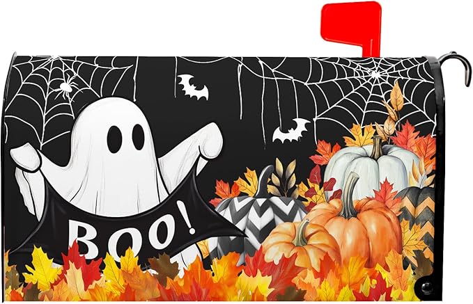Kawani Halloween Ghost Pumpkin Mailbox Covers Magnetic Black Happy Halloween Seasonal Holiday Post Letter Box Cover Standard Size 25.5x21 Inch for Garden Yard Decor
