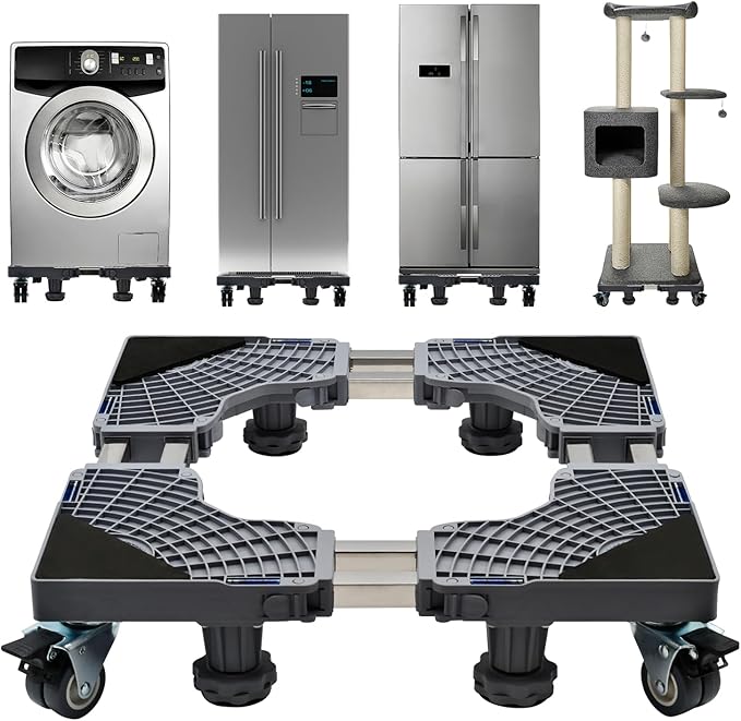 Updated Fridge Stand Mobile Base with Double Pipes 4 Locking Wheels 4 Strong Feet, Adjustable Furniture Dolly for Washer Dryer Washing Machine Stand Pedestal, Refrigerator (Grey, Extra Large)