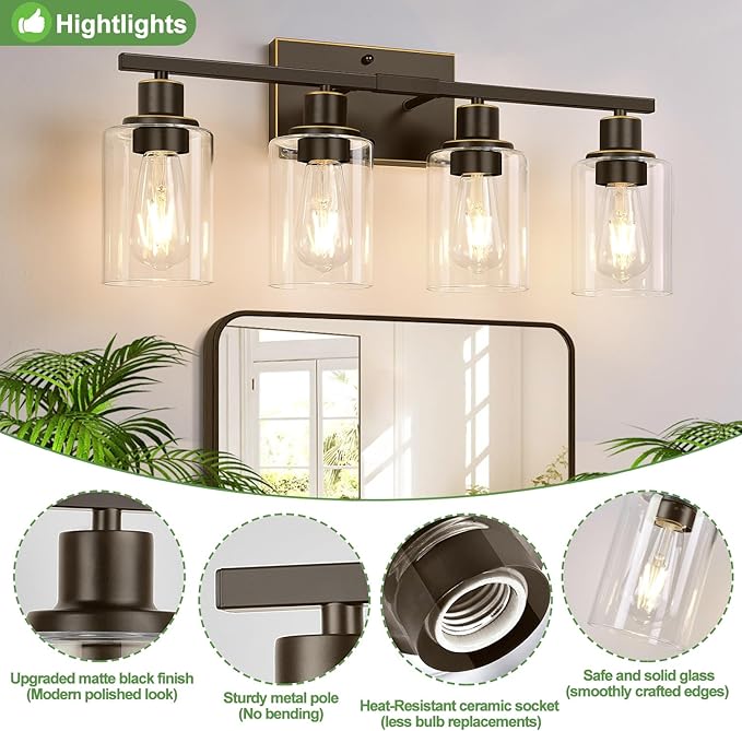 4 Light Bathroom Light Fixtures, Oil-Rubbed Bronze Modern Vanity Lights with Clear Glass Shades, Bathroom Wall Lamp for Mirror Living Room Cabinet