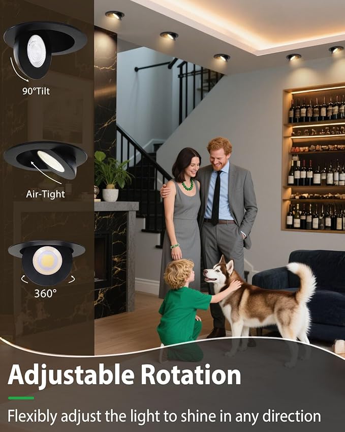 zouzai 4 inch 5CCT Gimbal Black LED Recessed Lights, 360°+90° Adjustable, Dimmable (2700K-5000K), Retrofit Eyeball Lights with Jbox, ETL Listed, Ideal for Home, Commercial & Display, 6 Pack
