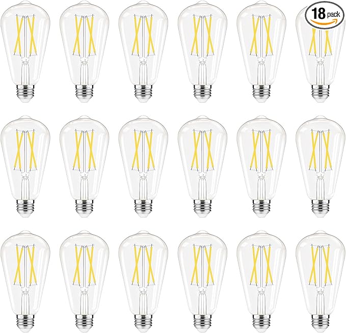 Dimmable LED Edison Bulbs, 4000K Daylight White, 6W Equivalent to 60 watt E26 LED Bulb, ST58 Vintage Light Bulbs, 600LM, 90+ CRI, E26 Base, Clear Glass, 18 Pack
