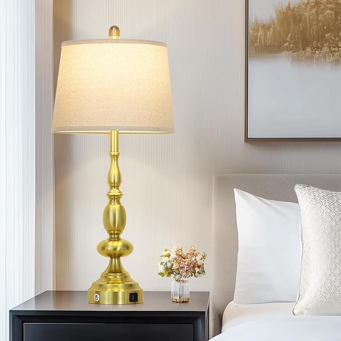 29" Modern Gold Table Lamps Set of 2, Industrial Touch Control 3-Way Dimmable Bedside Lamp with USB C+A Ports, Metal Farmhouse Nightstand Lamps for Living Room Bedroom End Tables(2 LED Bulbs Included)