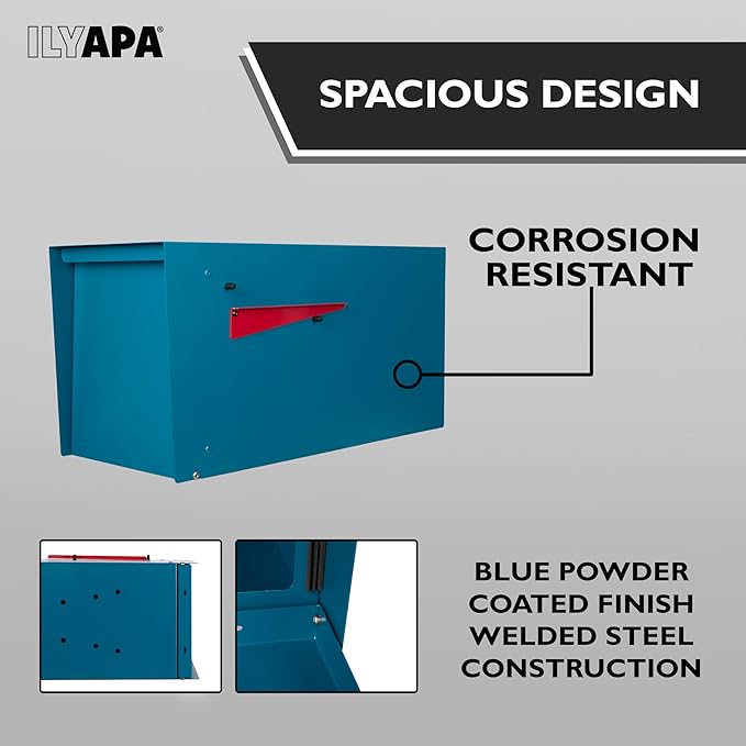 Ilyapa Modern Mailbox for Outside Post Mount - Blue Powder Coated Metal Mailbox, Waterproof Letter Box for Parcels, Recessed Magnetic Close Door