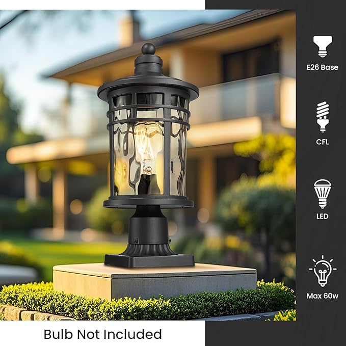 Outdoor Post Lighting Fixtures Pole Lantern Waterproof Aluminum Housing with Water Ripple Glass 16.5 Inch Height Large Size Pillar Light Outdoor for Garden Patio Pathway E26 Socket