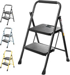 TICONN 2 Step Ladder, Heavy Duty Foldable Step Stool, Portable Steel Folding Stool for Household Garage Storage (Black)
