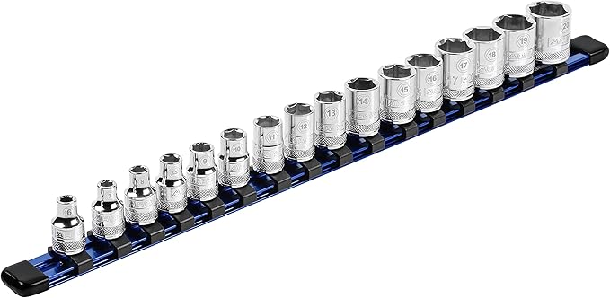 ARES 60043-3/8-Inch Drive Blue Aluminum Socket Organizer - Store up to 16 Sockets and Keep Your Tool Box Organized - Sockets Will Not Fall Off this Rail