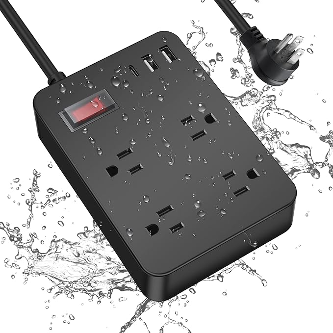 Outdoor Power Strip Weatherproof,Fast Charging Station 20W USB C,Waterproof Surge Protector 4 Outlets, Multi Outlet Extension for Camping, Garden, Kitchen,Bathroom,Flat Plug (Black, 25 FT Cable)