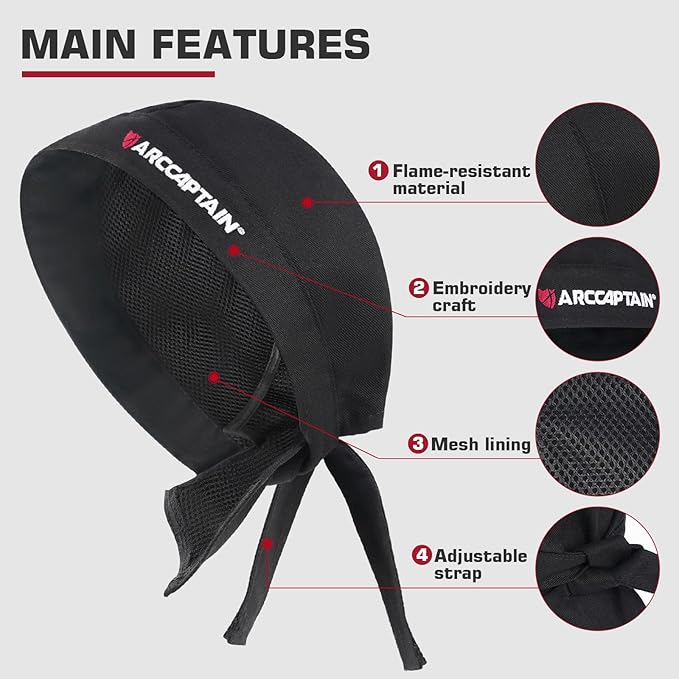 ARCCAPTAIN 2PC Welding Doo Rag, Welding Cap, Protective Welders Cap, Welding Hats for Men, Fireproof Cotton and Durable for Safety, XL Size