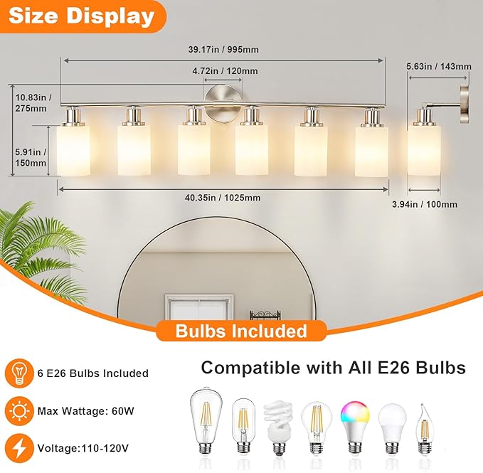 DLLT 6-Light Bathroom Light Fixtures: Nickel Modern Vanity Lights with E26 Bulbs - Milky White Glass Shade Bathroom Wall Lamp for Mirror Kitchen Living Room Hallway Cabinet Porch