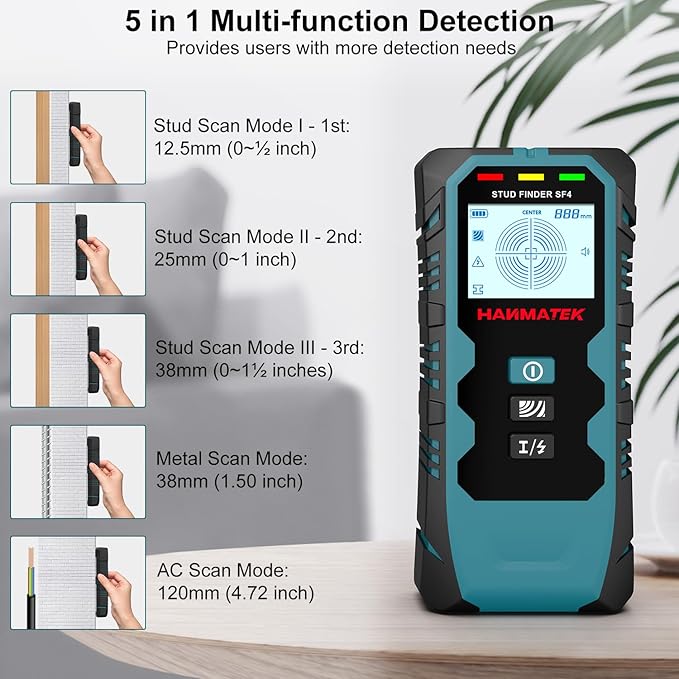 HANMATEK Stud Finder Wall Scanner,5 in 1 Multifunction Stud Locator with Upgraded Smart Sensor Audio Alarm HD LCD Display, Stud Finder Tool for The Center Edge of Metal, Studs, Plaster,AC Wire,Pipe